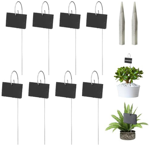 Schiefer Pflanzenschilder mit Metallstab 8er Set, Schiefertafel zum Beschriften für Draussen Wetterfest, Pflanzenstecker zum Beschriften Schiefer inkl. Kreidestift, für Kräuter, Blumen, Gemüse