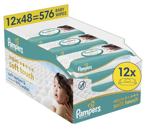 Pampers Aqua Soft Touch Baby Wipes, 12 Packs of 48 Wipes = 576 Baby Wipes, Soft Texture & Lotion with 99% Water