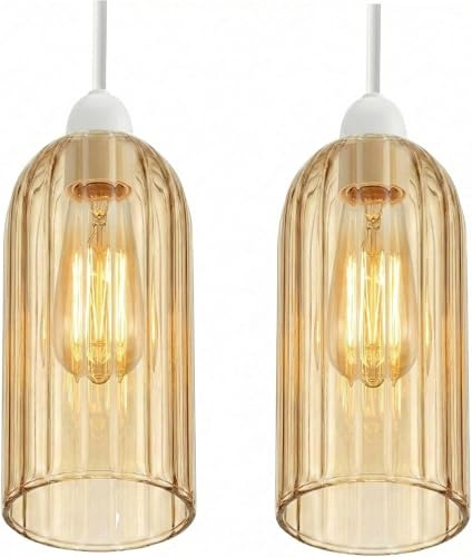 2 Pack Cylinder Glass Lamp Shade 20cm Height x 10cm Diameter, Clear Ribbed Replacement Light Shade for Pendant Ceiling Light, Modern Glass Lampshade for Living Room, Kitchen, Hallway (Style 3)