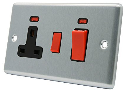 AET CSCCC2NBL Satin Chrome Classical Control Unit w Black Insert-2-Gang 45A Cooker 13A Switched Plug Socket and Neon Indicators, 240 V