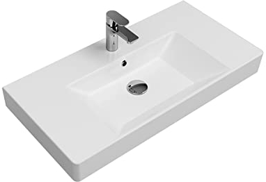 Aqua Bagno | Universal Waschbecken mit Ablage, modernes Keramikwaschbecken in Weiß, hängendes Waschbecken 90 cm breit