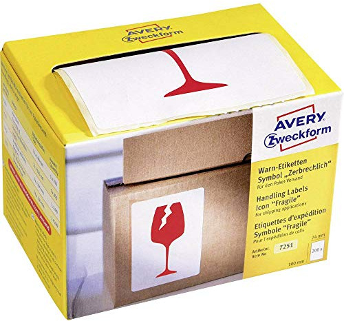 AVERY Zweckform Warnetiketten 7251 Symbol: Vorsicht zerbrechlich (200 Etiketten auf Rolle im Kartonspender, 78 x 100 mm, selbstklebend, nutzbar für Versand, Umzug, auch international ) leuchtrot