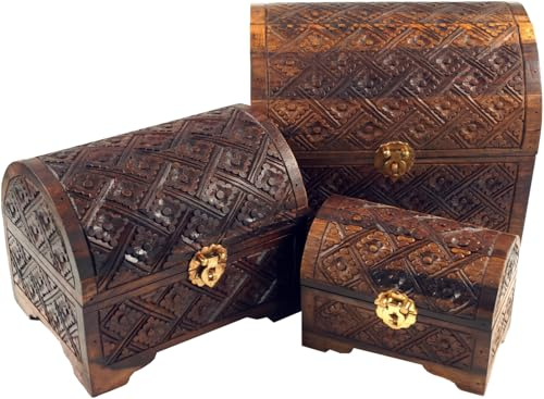 GURU SHOP Halbrunde Beschnitzte Kleine Schatztruhe, Holzschachtel, Schmuck Dose - Modell 3, Size:mittel (16x20x15,5 cm)