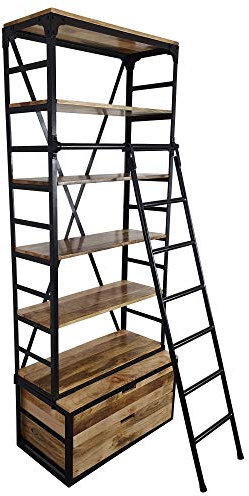 Bücherregal mit Leiter Vintage Leiterregal - Holzregal Metall Standregal Industrial Design, schwarzes Lagerregal für die Wand, Aktenregal Schrankregal, Maße (B/T/H) 80/60 / 200 cm