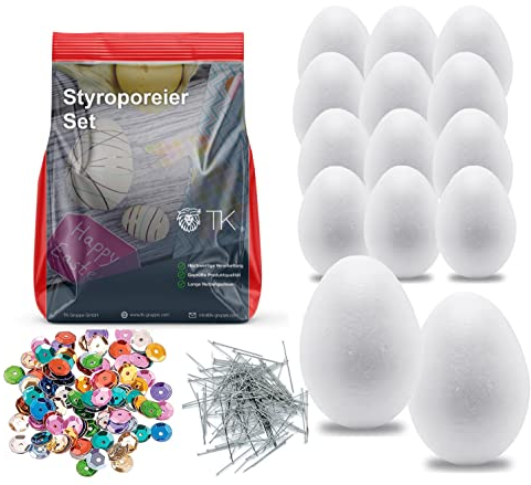 Styroporeier Ostern Basteln Set mit 10x Styropor Eier 6 cm & Bunte Pailetten & 1000 STK. Stecknadeln Ostereier zum Basteln & Dekoration