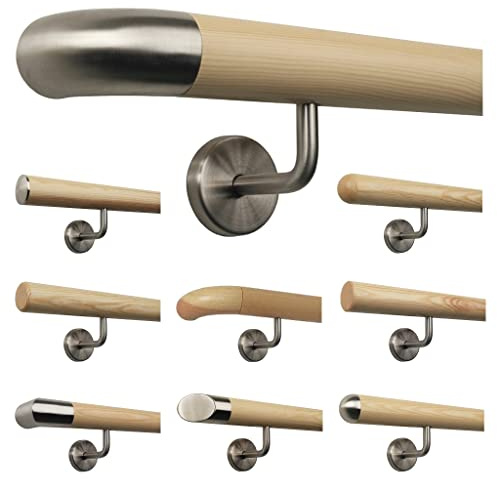 TIBU Kiefer Handlauf Treppen Geländer Handläufer 30-500 cm aus einem Stück mit Edelstahl Halter, Länge 200 cm mit 3 Halter und Ende Edelstahlbogen