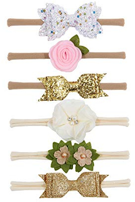 Nishine Bandeau et nœuds en nylon pour bébé fille avec nœud à paillettes (Ensemble A)