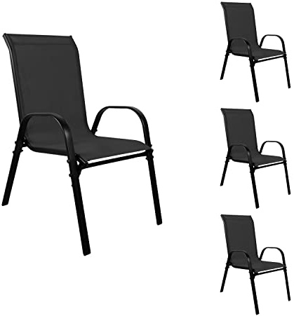 FineHome 4 Stück XL Stapelsessel Gartenstuhl Gartensessel Textilenbespannung schwarz Gartenmöbel stapelbar Metall schwarz