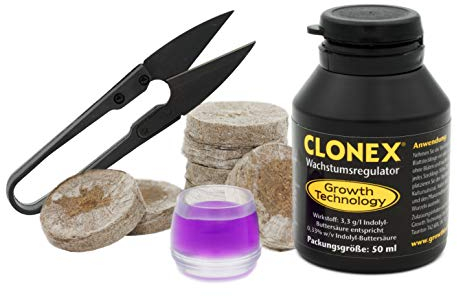Tauro Clonex Set - (Clonex 50ml, Gefäß, Schere und 24x Marken Torf Quelltabletten von Jiffy) Wurzelstimulator, Wurzelhormon, Rooting Gel, Quelltöpfe Kokos Faser