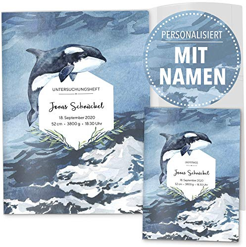 OLGS U-Heft und Impfpasshülle Set mit Personalisierung 3-teilig | Walfisch | Hüllen für Untersuchungsheft & Impfpass | Geschenkidee mit Namen (Uheft, Impfpass Hülle personalisiert, Orca)