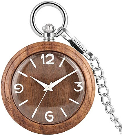 Joielavie Orologio da tasca in legno classico semplice numero arabo quarzo catena in lega orologio da taschino senza coperchio per uomo donna