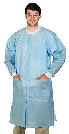EZGOODZ Sky Blue Disposable Lab Coats for Adults, Large. 50 Pack Medical PPE Coat. SPP 45 GSM Painting Lab Coat with Cuffs, Collar, Plastic Snaps, 3 Pockets. Splash-Proof Disposable Coats Medical