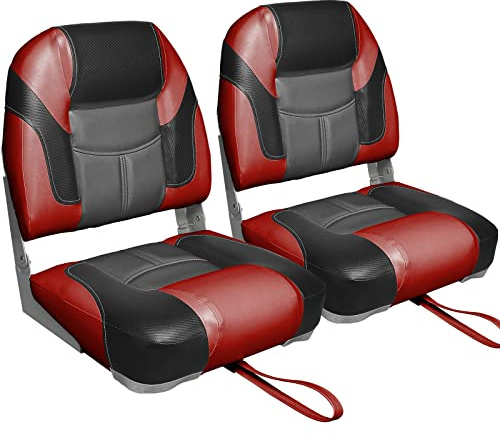 Leader Accessories A Pair of Elite Low/High Back Folding Fishing Boat Seat (2 Seats) (Red/Charcoal/Black)