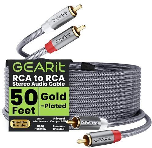 GEARit RCA Cable (50FT) 2RCA Male to 2RCA Male Stereo Audio Cables Shielded Braided RCA Stereo Cable for Home Theater, HDTV, Amplifiers, Hi-Fi Systems, Car Audio, Speakers, 50 Feet