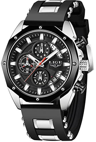 LIGE Orologio da uomo, alla moda, cronografo in acciaio inossidabile, impermeabile, analogico, al quarzo, luminoso, quadrante sportivo, classico, nero, argento, 8.07, classico, argento nero, 8.07,