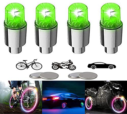 YUERR 4 Pack LED Bike Wheel Lights Car Tire Valve Stems Caps Bicycle Motorcycle Waterproof Tyre Spoke Flash Lights Cool Reflector Accessories for Kids Men Women with 10 Extra Batteries(Green)