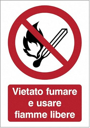 Vietato fumare e usare fiamme libere - CARTELLO SEGNALETICO ISO 7010 in Adesivo Resistente, Pannello in Forex o Pannello In Alluminio (PANNELLO IN ALLUMINIO 30X42 CM)