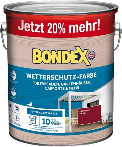 Bondex Protezione dagli agenti atmosferici, colore rosso porpora (RAL3004), 3 l, per 27 m², copertura estrema, eccellente resistenza agli agenti atmosferici, lucido, colore per legno, colore legno