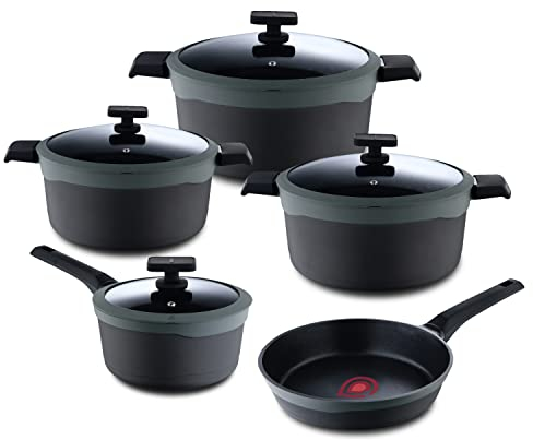 MasterPRO Gastro Reeco | 9-Piece Set | 24 cm Frying Pan, 3 Pots of 20, 24 and 28 and 16 cm Saucepan with Lid | Heatdot | Recycled Cast Aluminium | Non-Stick Coating | For All Hobs