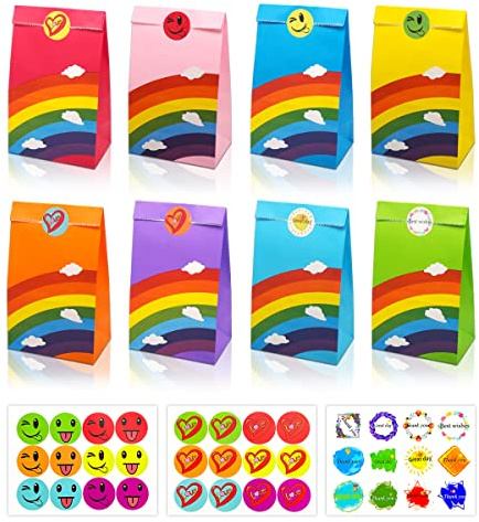 Rluobo 40 Pezzi Sacchetti Regalo di Carta Arcobaleno, Sacchetti di Carta per Caramelle con 72 adesivi, Sacchetti Compleanno Bambini per Confezionare Regali, Matrimoni, Festa, Pasqua, Natale