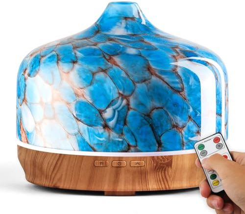 Porseme Diffusore di aromi, in vetro soffiato a mano, 500 ml, con telecomando, per fuochi d'artificio, umidificatore a ultrasuoni, silenzioso, 7 colori, luce LED, automatico, timer per la casa (Blu)