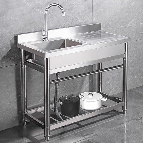 100x50x80cm Lavello da esterno Lavandino commerciale della cucina Lavandino in acciaio inox singolo con piano di lavoro per la cucina del garage dell'interno all'aperto