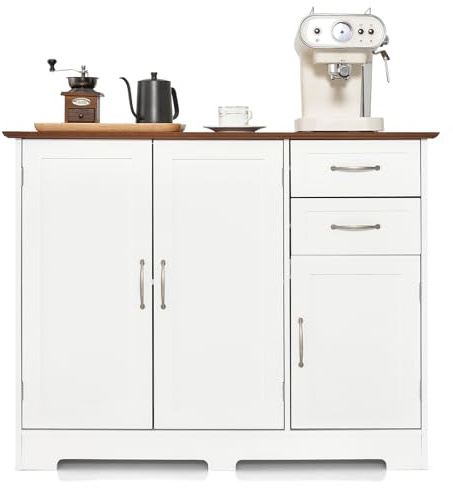 COSTWAY Buffet, Armoire de Cuisine 2 Placards 2 Tiroirs, Étagère Réglable, Meuble Bas pour Salon, Meuble de Rangement, Blanc, 100 x 40 x 78 cm