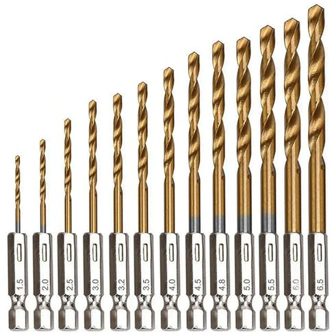 Bestgle 13Pcs 1/4 Hex Shank HSS Titanium Coated Twist Drill Bit Set for Drill Wood Metal Plastic 1.5mm-6.5mm