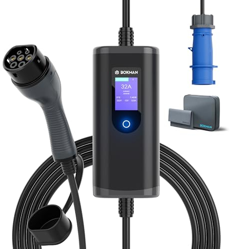bokman wallbox 7,4 kw Tipo 2 CEE [5 Metri | 6-32A | IP65 Impermeabile] colonnina Ricarica Auto elettrica con Spina CEE, Compatibile con Model Y/3, Q4, e-208, 500e, e Altri EV/PHEV