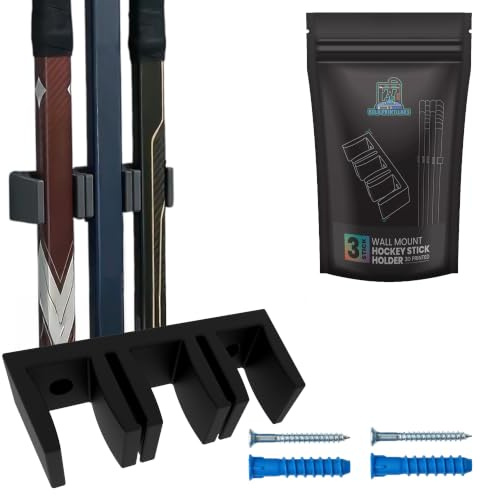 Bold Print Labs Hockey Stick Holder Wall Mount, Holds 3 Sticks – Vertical Ice Hockey Rack and Garage Storage Organizer, Fits Senior Size, Mounting Hardware Included, Black