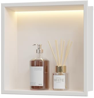 Neohomee Nicho de Ducha de Pared de Acero Inoxidable con Luz LED, Nicho de Ducha Empotrado Blanco con un Solo Estante de Almacenamiento para Baño, 30 x 30 cm