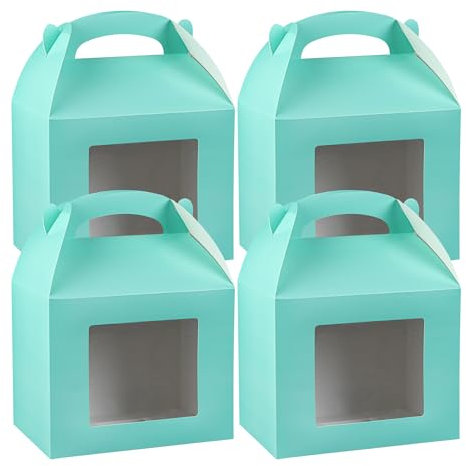 Bio Tek 35,6 x 17,8 x 20,3 cm Giebelboxen für Gastgeschenke, 100 langlebige Geschenkboxen für Leckerlis, klares PET-Fenster, mit integriertem Griff, türkisfarbenes Papier, Scheunenboxen, Einweg, für