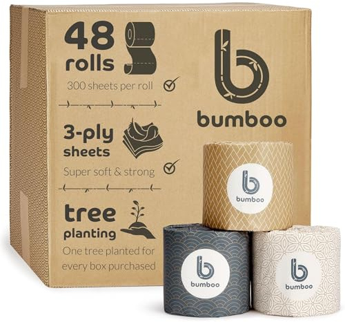 Bumboo Essentials Toilet Roll 48 Pack | Essentials Wrapped Toilet Paper 3 ply, 300 Sheets | Plastic-Free, Soft, Strong, Eco-Friendly & Biodegradable Toilet Tissue