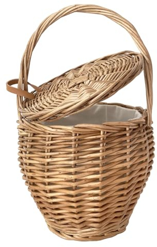 UPTALY 1 bolso de mimbre de sauce natural con tapa (20 cm x 34 cm), hecho a mano, bolso retro con tapa, cesta redonda de flores, macetas colgantes, bolsa de mano de ratán para mujer