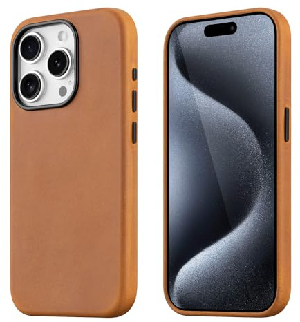 maogoam Echt Leder Hülle für iPhone 15 Pro Max, Vintage Crazy Horse Leder Case, Kompatibel mit MagSafe, Indiana-Jones Style, Khakibraun