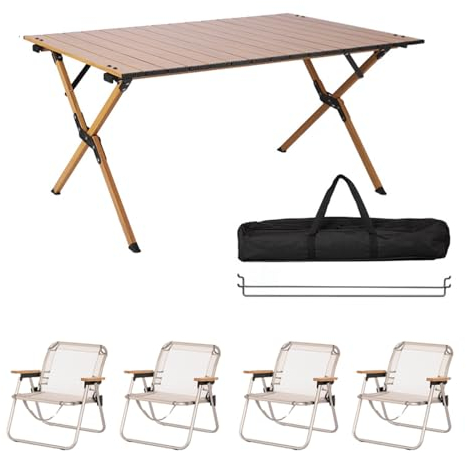 Tragbares Campingmöbel-Set mit 5 Stück, klappbarer Campingtisch mit 4 Stühlen, Aluminium-Picknicktisch, Faltbarer Rasenstuhl mit Aufbewahrungstaschen, für Strand, Angeln, Wandern, Grillen