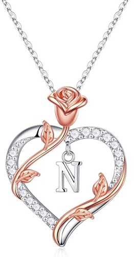 TINGN Buchstaben Halskette Damen, Silber Kette mit Buchstaben Kette mit Rosa Herz Anhänger für Damen Mädchen Intiale N Halskette Damen Buchstaben Kette Schmuck Damen Valentinstag Geschenke für Frauen
