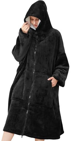 SPFASZEIV Reißverschluss Hoodie Decke Damen Kuscheldecke mit Ärmeln Übergroße Kuschelpullover Frauen Herren Tragbare Decken mit Kapuze Tasche Schwarz