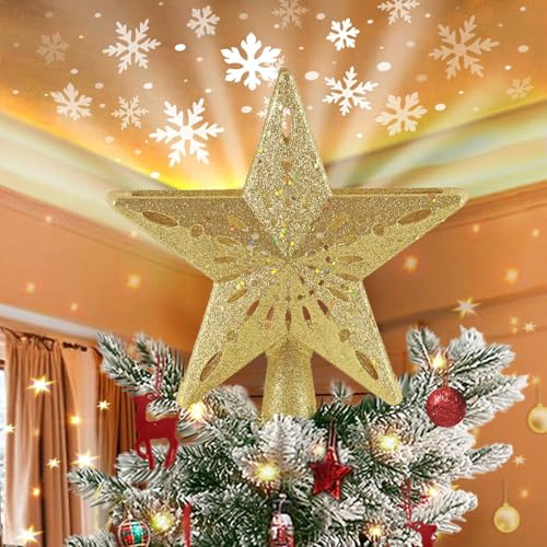 Christmas Star Tree Topper Projector, Lighted 3D Star Tree Top with Rotating LED Snowflake Projection, Glitter Gold Xmas Tree Decoration, Easy Setup for Holiday Home Christmas Party Décor