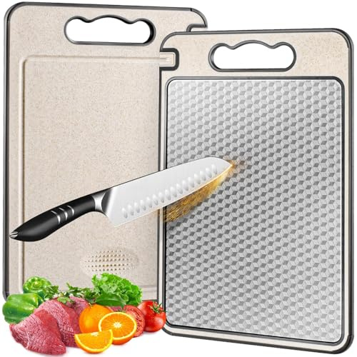 Tabla de cortar de acero inoxidable para cocina, diseño de malla antideslizante de doble cara resistente a los arañazos con ranura para jugo, paja de trigo de grado alimenticio, tabla de cortar grande