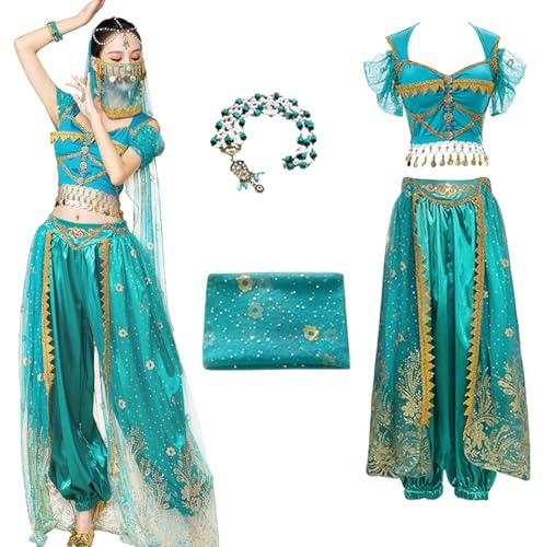 Bi Bi Hou Damen Jasmin Prinzessin Kostüm - Aladdin Arabische Verkleidung Mit Zubehör - Bauchtanz Outfit für Halloween, Karneval, Party, Bühnenauftritt - Erwachsene