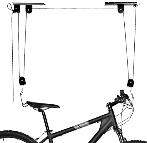 QWORK® Elevador de Bicicletas, Soporte para Bicicleta 30 kg Capacidad de Carga con Dos Correas de Suspensión, Elevador de Bicicletas, para Montaje en Techo
