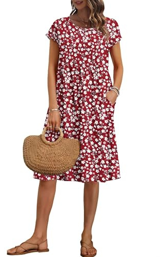AUSELILY Kortärmad knälånga sommarklänningar med knappar sommar fritidsklänningar Empire midiklänning med fickor, Små röda blommor, S