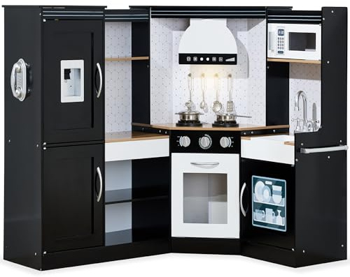 Best Choice Products Pretend Play Corner Kitchen, Ultimate Interactive Wooden Kids Playset w/Lights & Sounds, Ice Maker, Hood - Black