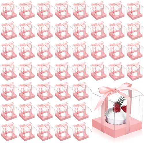 Thenshop 50 Pcs Clear Cupcake Boxes Individual 3.5 Inch Plastic Single Cupcake Containers Boxes with Inserts and Ribbon Individual Cake Storage Holders for Cake Kitchen(Pink)