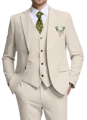 High-End Suits Retro Beige Linen Men Suit Casual Wedding Suit for Men Notched Lapel Slim Fit 3 Pieces Jacket Blazer XXL