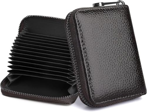 RisePlus Promotes Kreditkartenetui, Kartenetui für Damen und Herren aus echtem Leder, Reißverschluss, RFID-blockierend, 11 Kartenfächer für Kreditkarten (Braun)