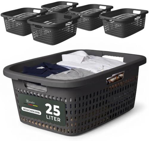 Novaliv Sparset 6X Wäschekorb mit 3 Griffen 25L Anthrazit, Wäschebox Set Wäscheeimer Wäschebehälter für Bad Wäsche Schmutzwäsche, Wäschekörbe Schmutzwäschebehälter Haushalt Sammler Box