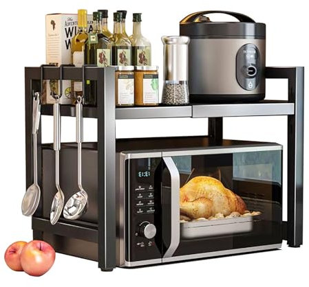 AHSBND Mikrowellen Regal Ausziehbar Mikrowellenschrank Organizer: Ofengestell Küchenregal Stehend Gewürzregal mit 6 Haken für Arbeitsplatte Bäckereiregale (Schwarz)
