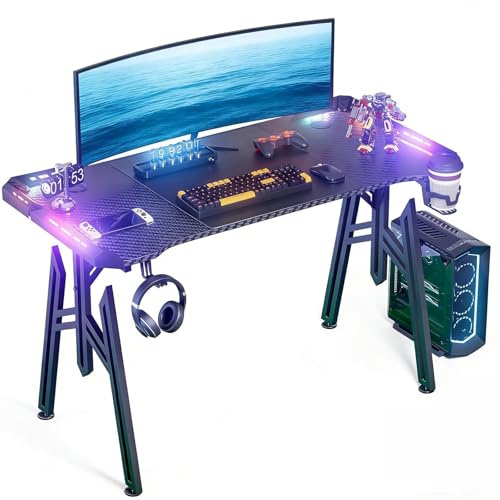 SAILUN Gaming Desk with LED Lights M-Frame Computer Desk 120cm Gaming Table with Cup Holder and Headphone Hook PC Desk for Gaming Room, Bedroom, Office, Small Space, Black